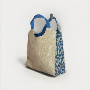 Y2K Estée Lauder Straw Tote Bag Blue Handles Leopard Lining Summer Makeup Purse